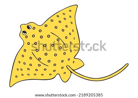 Cramp-fish. Marine cartilaginous fish with a long tail and wings. Vector illustration. A yellow ocean dweller with a spotted back. Skat. Underwater creation. Cartoon style. Isolated background.