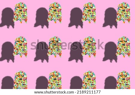 colorful lady ghosts copied all over the pink background, creative art modern design