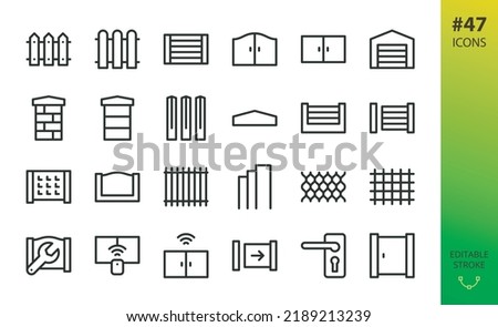 Fence and gates isolated icons set. Set of fence panel, automatic sliding gate, swing gates, post cap, rabitz mesh, concrete fence posts, wire fencing materials vector icon. Royalty-Free Stock Photo #2189213239
