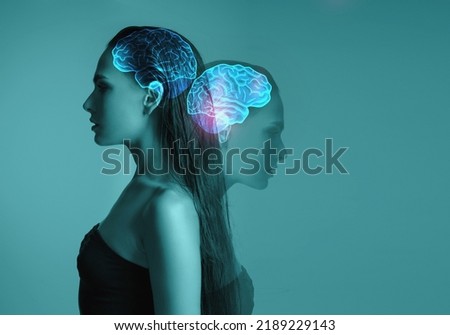 Women's mental health. The concept of the nervous system of the brain. Thought process and psychology. Brain fog, post-covid syndrome, brain aging Royalty-Free Stock Photo #2189229143