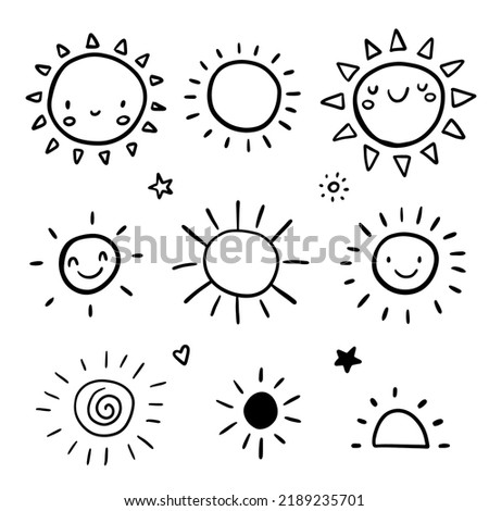 Cute set of sun icons. Funny happy smiley suns. Happy doodles bright and beautiful cartoon characters. Vector illustration