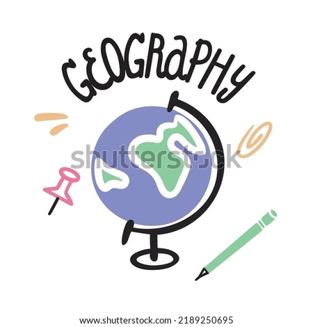 Geography. Vector flat cartoon illustration with globe, paper clip and pencil. School, university.