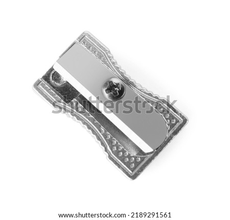 Shiny metal pencil sharpener isolated on white, top view Royalty-Free Stock Photo #2189291561