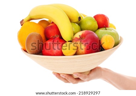 A picture of a bowl of fruits over white background