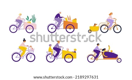 People driving cargo bikes set. Men and women on bikes carry different cargo, goods, children, things. Flat vector illustration