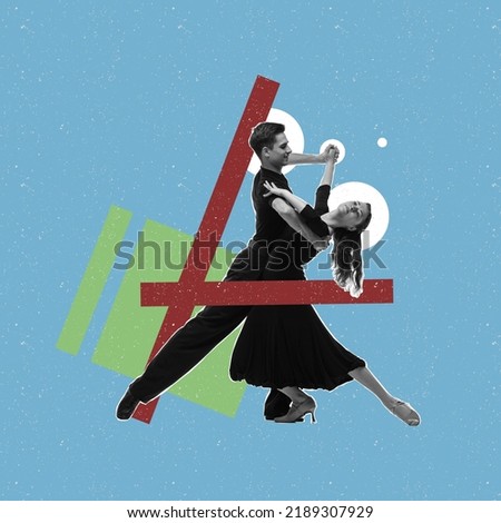 Waltz, valse. Graceful young couple dancing isolated on abstract colored background with geometric shapes, lines. Ballroom dance. Concept of creativity, retro style, party, fun. Poster