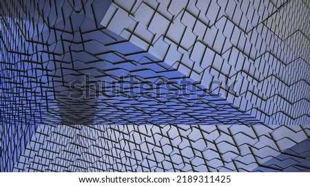 Double exposure photo of metal tile surface resembling wall structure wall, abstract architecture of modern hi-tech building or minimal industrial real estate. Geometric pattern of polygonal elements.