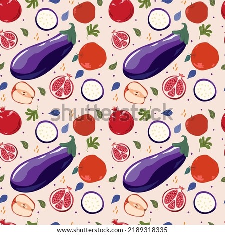 Seamless pattern of autumn fruits and vegetables: figs, apples, sweet peppers, eggplant and corn