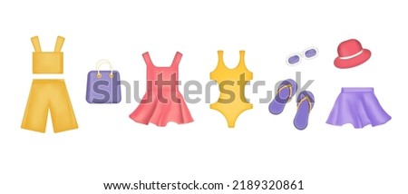 Collection of summer clothing and 
accessories in 3d style on white background. Colorful beach stuff for woman. Elements for sales banners, online shopping.