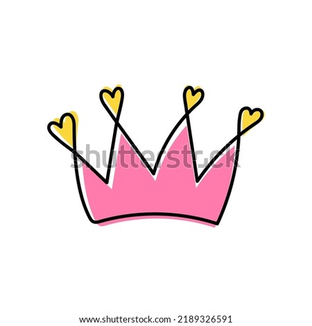 Doodle pink crown isolated on white background.