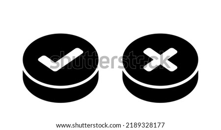 Yes and No or Right and Wrong or Approved and Declined Push Button Icon Set with Check Mark and X Sign in Black and White Circles and a 3D Style. Vector Image.