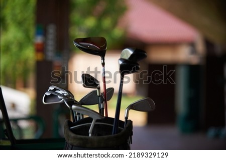 golf clubs on the background of a green lawn