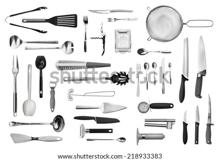 Realistic kitchen equipment and cutlery collection isolated on white Royalty-Free Stock Photo #218933383