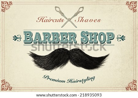 Retro styled design concept for a barber shop with photos of a mustache and silver scissors