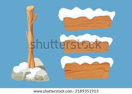Wood sign, set tree stick and wooden empty planks with snow in cartoon style isolated on white background. Game assets, ui element. Textured material, frame for massage, decoration. 