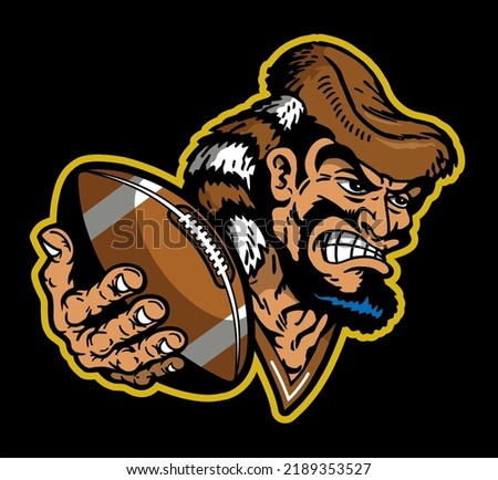 rugged pioneer mascot holding football for school, college or league