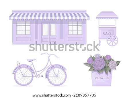 Romantic cafe, bike, sweets cart, flowers. Elements, part icons for illustration,  print Royalty-Free Stock Photo #2189357705