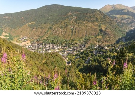 Aerial view of Encamp, in Andorra, in summer with the morning light, seen from the mountain with flowers and vegetation. panoramic photography Royalty-Free Stock Photo #2189376023