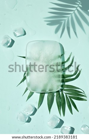 Summer mint green background with cold frozen ice cubes and exotic palm leaves. Direct sunlight with shadows. Ice podium with space for your body care producs.