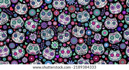Day of the Dead  skulls pattern. Mexican dead Cat. Dia de los muertos print. Day of the dead and  Mexican tradition  festival. Day of the dead sugar skull isolated. Dia de los Muertos tattoo skulls.