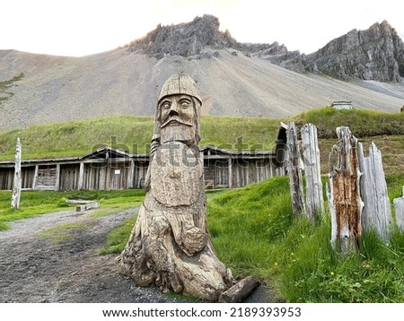 Stokksnes Viking village wood house old sunset prop for movie trekking country adventure travel iceland Royalty-Free Stock Photo #2189393953