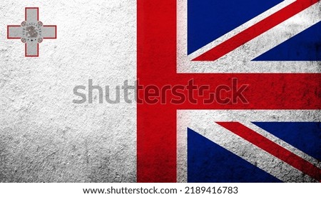 National flag of United Kingdom (Great Britain) Union Jack with The Republic of Malta National flag. Grunge background