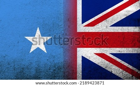 National flag of United Kingdom (Great Britain) Union Jack with Republic of Somalia National flag. Grunge background