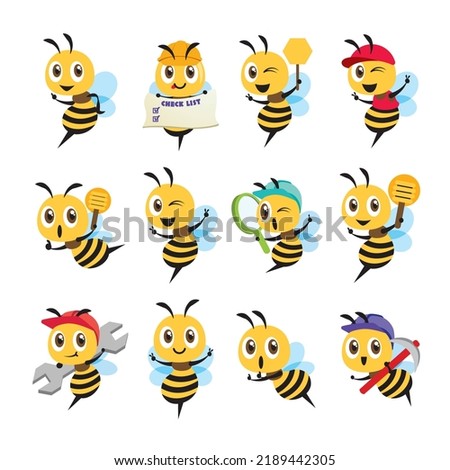 Collection of flat design cartoon cute bee character set in different poses. Bee holds different items and different action. Bee mascot set illustration