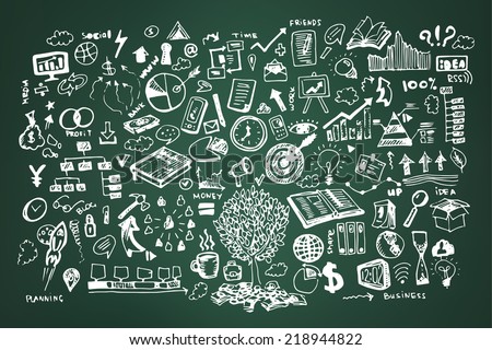 Business doodles on dark green or school board background. Chalk board style of business infographic, goal, time management, Success and idea hand drawn concept with charts, infographics, mind maps Royalty-Free Stock Photo #218944822