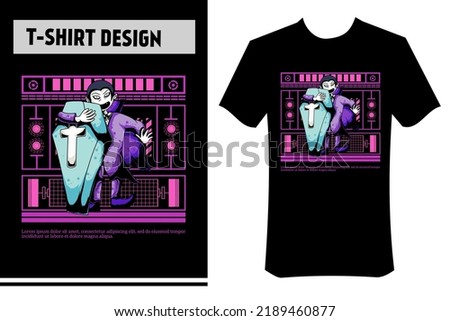 helloween t-shirt design, vector vampire illustration, casket of the cross. with street wear style background, cyber punk color, perfect for Halloween celebration