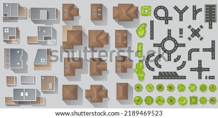 Set of elements top view for landscape design. Buildings and trees for City map. Collection of different types of Houses townhouse, condominium, residential, apartment, cottage. Kit of isolated object Royalty-Free Stock Photo #2189469523