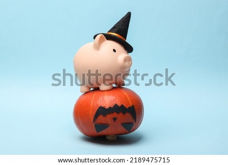 Halloween pumpkin with a piggy bank in a witch's hat on a blue background