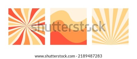 Set of wavy and sun rays backgrounds in warm retro autumn colors. Groovy hippie backdrop. Retro 60s 70s psychedelic wavy design. Vector collection of wallpaper templates.