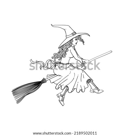 A young witch flies on a broomstick linear drawing. A simple liner-drawn woman in a long skirt and hat sits on a broomstick.