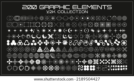 Retro futuristic elements for design. Collection of abstract graphic geometric symbols and objects in y2k style. Templates for pomters, banners, stickers, business cards Royalty-Free Stock Photo #2189504427