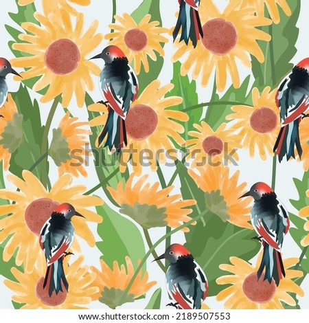 Beautiful bird and wild flower with green leaf seamless pattern.