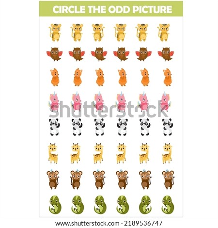 circle the odd picture cute animal kids worksheet printable Royalty-Free Stock Photo #2189536747