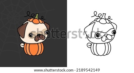 Kawaii Clipart Halloween Pug Dog Illustration and For Coloring Page. Funny Kawaii Halloween Puppy. Cute Vector Illustration of a Kawaii Halloween Animal Character Inside a Pumpkin.
