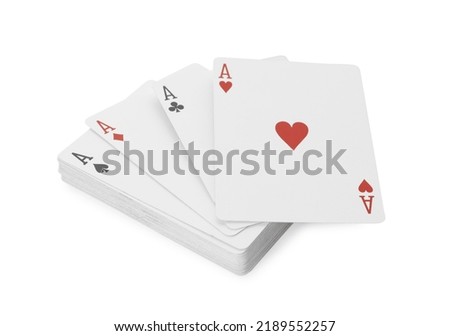 Four aces and other playing cards isolated on white. Poker game