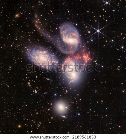 Stephan's Quintet Space Telescope First Photo. Megapixels High Resolution Image. Futuristic Deep Space Constellation Mystery Cosmic Creativity Background Texture.  Royalty-Free Stock Photo #2189561853