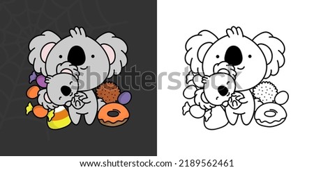 Set Clipart Halloween Koala Coloring Page and Colored Illustration. Clip Art Kawaii Halloween Koala Bear. Cute Vector Illustration of a Kawaii Halloween Animal with Sweets.
