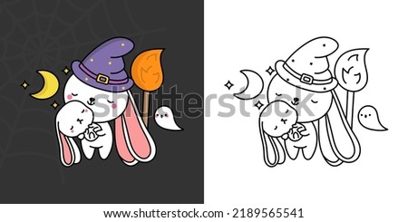 Halloween Rabbit Clipart Multicolored and Black and White. Beautiful Clip Art Halloween Bunny. Cute Vector Illustration of Halloween Kawaii Hare in Witch Costume.
