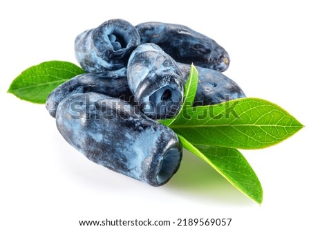 Ripe honeysuckle berries with leaves on white background. Royalty-Free Stock Photo #2189569057