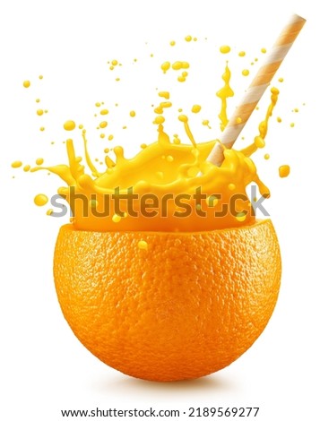 Orange fruit as a cup of orange juice with splash of juicy crown on white background. Conceptual food and drink picture. File contains clipping path.