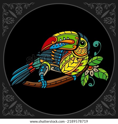 Illustration of Colorful Toucan bird zentangle arts isolated on black background