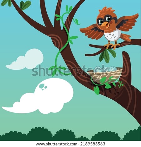 Happy bird mother is waiting for her babies to come out of the nest in the tree branch. Vector illustration.