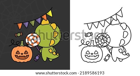 Cute Halloween Dinosaur Clipart for Coloring Page and Illustration. Happy Clip Art Halloween T Rex. Cute Vector Illustration of a Kawaii Halloween Dino and Pumpkin.
