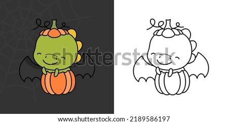 Set Clipart Halloween Dinosaur Coloring Page and Colored Illustration. Clip Art Kawaii Halloween T Rex. Cute Vector Illustration of a Kawaii Halloween Dino Inside a Pumpkin.
