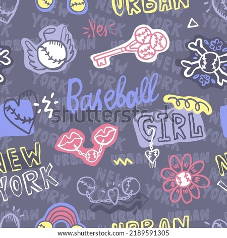 Girly baseball pattern with stickers and doodles. Seamless background with hearts, baseballs for girlish textiles.