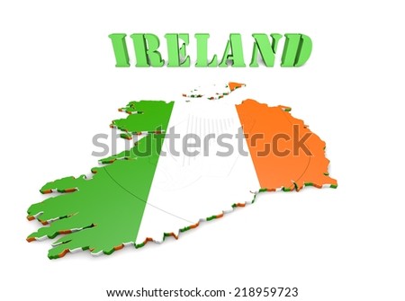 3D map illustration of Ireland with flag and coat of arms